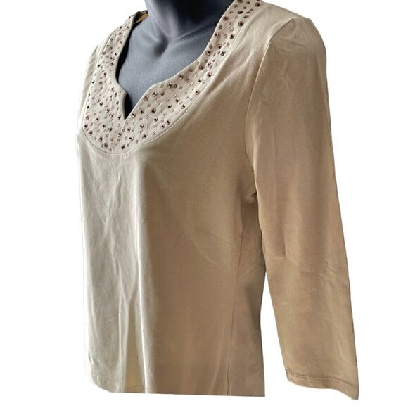 V-Neck Copper Sequins Detail Embellishment Tan 3/4 Sleeve Top Women’s S COASTAL - Picture 2 of 10